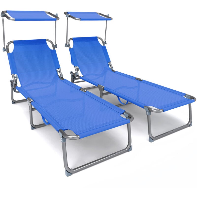 Vounot - 2er Set Sonnenliege Klappbar, Gartenliege Strandliege mit Sonnenschutz und Verstellbarer Rückenlehne, Blau