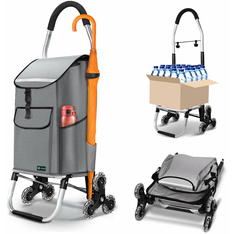 Aluminium Einkaufstrolley Treppensteiger, Trolly Einkaufswagen Klappbar mit Haken 6 Räder, Grau - Vounot