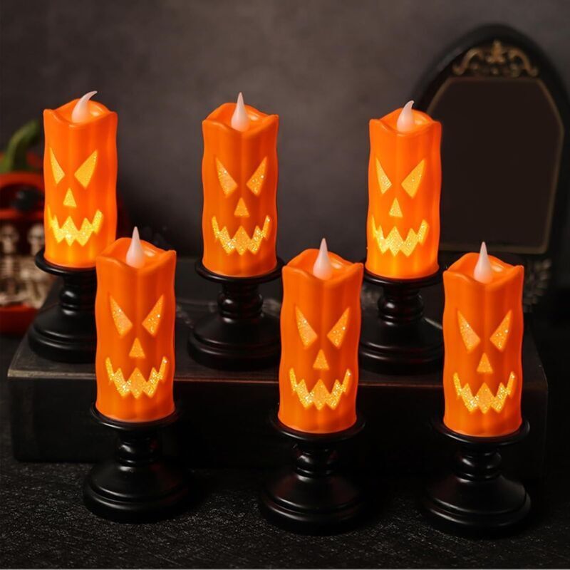 Vtizikl 6 Pièces Halloween Bougie sans Flamme, Halloween Decoration Citrouille Lumineuse, Decoration Halloween Lanterne LED Bougeoir, Décoration