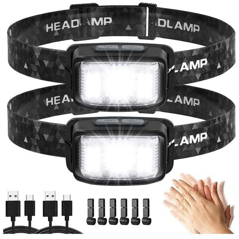 Vtizikl Lampe frontale Super LED 2 pièces rechargeable par USB, lampe frontale à détecteur de mouvement de 2000 lumens, 16 modes d'éclairage, étanche