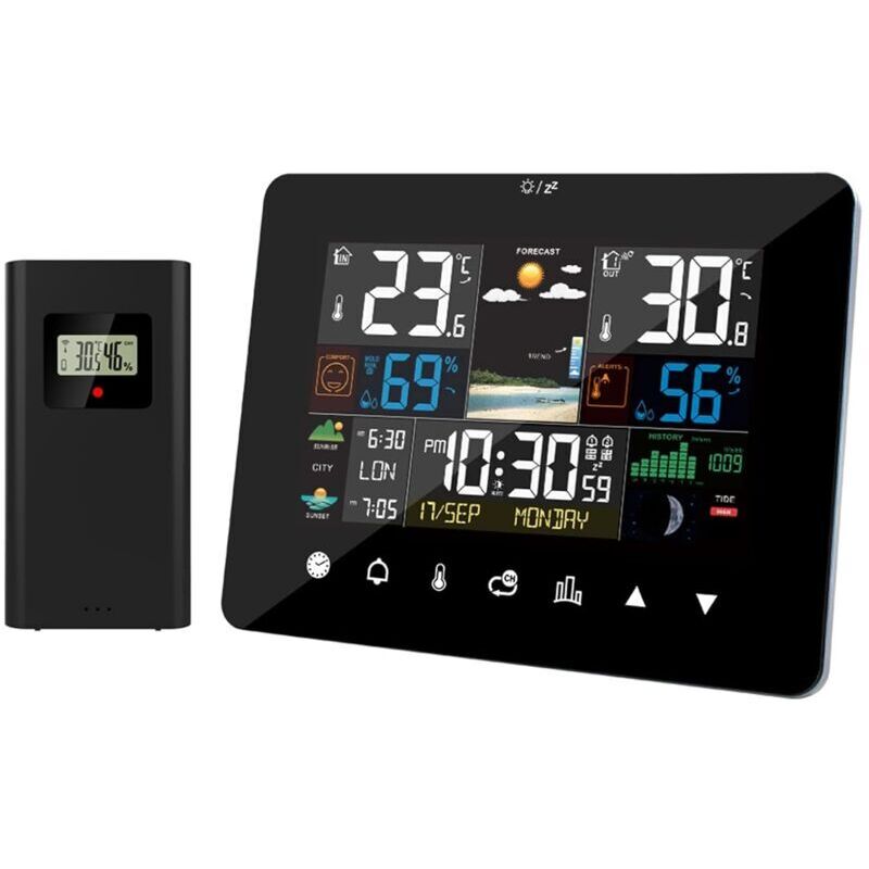 Vtizikl Station Météo avec Intérieure Extérieure Capteur sans Fil Station Météo de lever et coucher du soleil Réveil Thermomètre Hygromètre Opération