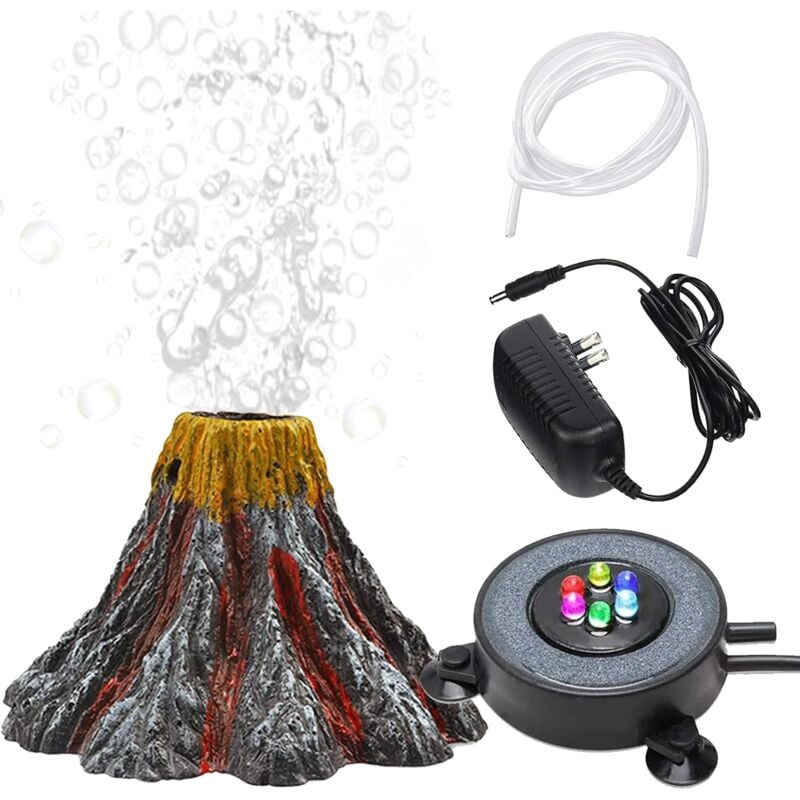 Vulkan-Aquarium-Dekor-Set, mehrfarbig mit LED-Licht, Luftstein für Luftpumpe, Aquarium-Zubehör, Aquarium-Dekoration