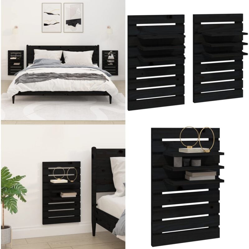 Wand-Nachttische 2 Stk. Schwarz Massivholz Kiefer - Wandregal - Holzmöbel - Kiefernholz - Schwarzes Möbelstück - Wohnraumorganisation - Home & Living