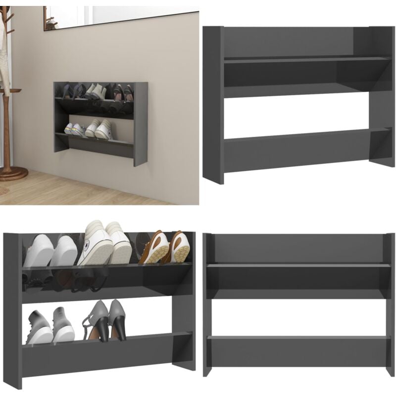 Wand-Schuhschrank Hochglanz-Grau 80x18x60 cm Holzwerkstoff - Wand-Schuhschrank - Schuhschrank - Schuhorganisation - Garderobe - Flurmöbel - Home &