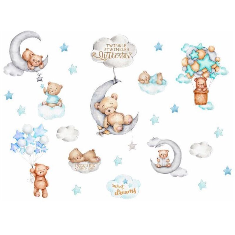 Odipie - Wandaufkleber für Kinder, schlafender Bär, Wandtattoo, Ballon, Tiere, Mond, Sterne, Wanddekoration für Kinderzimmer, Babyzimmer, Wohnzimmer