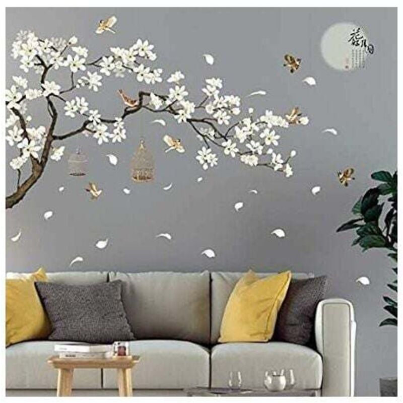 Wandaufkleber mit Kirschblüte und Vogel auf einem Zweig, für Erwachsene, Schlafzimmer, Kirschblüte im Vintage-Stil, diy, Größe 187 x 128 cm,