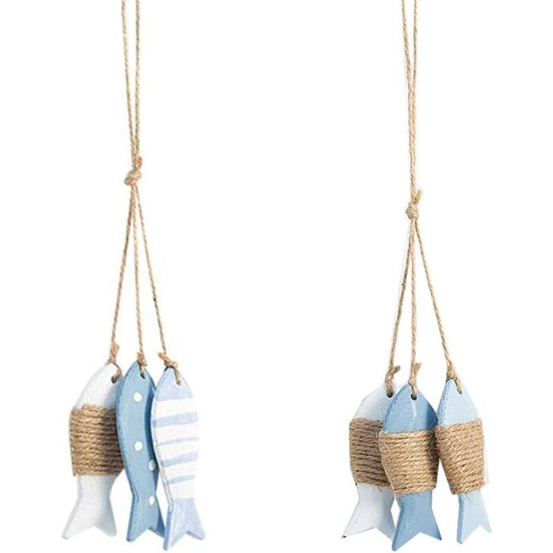 Wanddeko aus Holz, Fisch aus Holz, 6 Stück, Deko aus Holz, Fisch aus Holz, Fischgräten-Dekor aus Holz, mit Schnur, für Taufe, Kommunion,