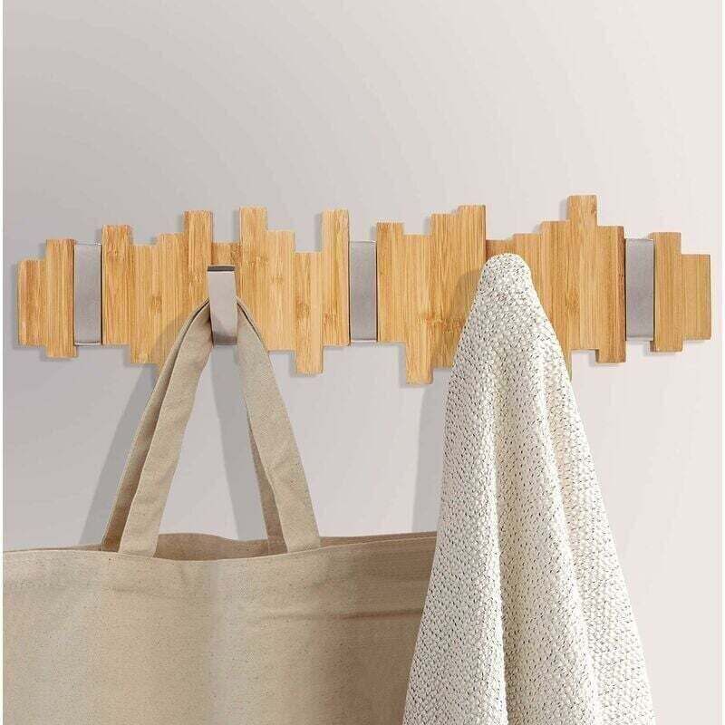 Wandgarderobe aus Holz – Kleiderhaken mit 5 klappbaren Metallhaken für Mäntel, Jacken, Hüte, Taschen, Flur, Schlafzimmer, Badezimmer, 40 cm – KZQ