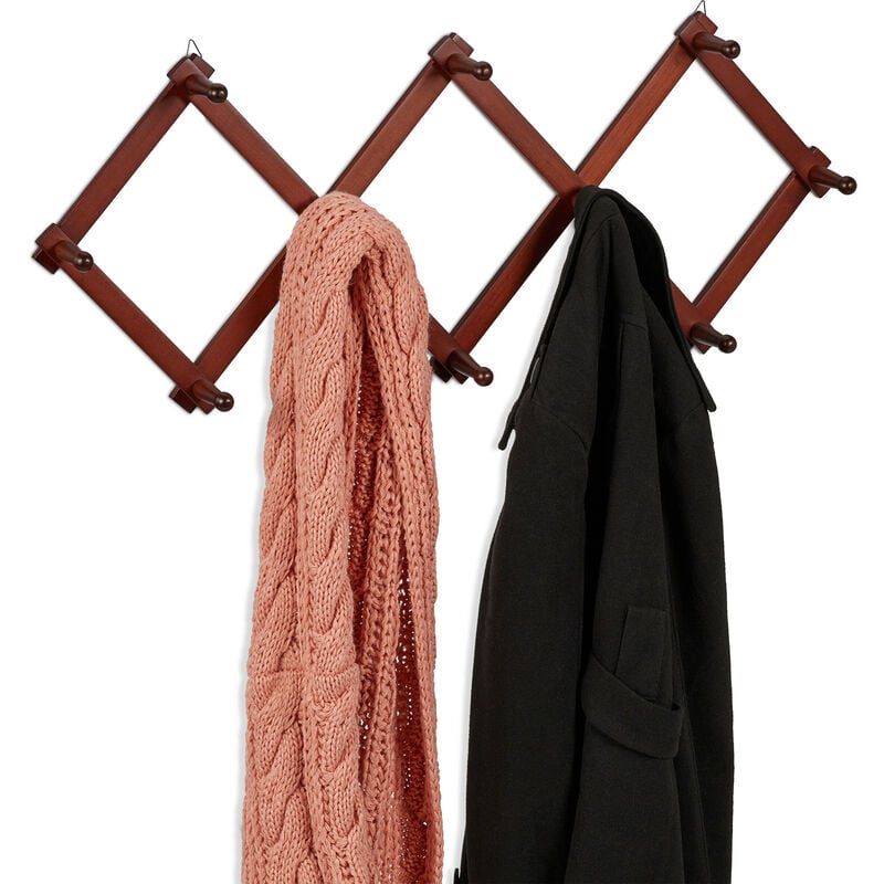 Relaxdays - Wandgarderobe Holz, ausziehbare Garderobenleiste, 10 Kleiderhaken, für Jacken, Scherengarderobe faltbar, braun