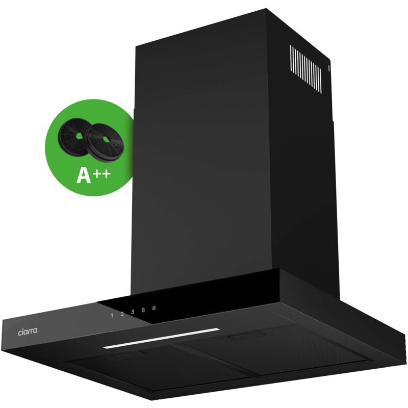 CIARRA CD6102B A+++ 650 m3/h Dunstabzugshaube 60cm Wandhaube mit Booster 4 Stufen mit 2 Kohlefilter Dimmbare LED Schawarz