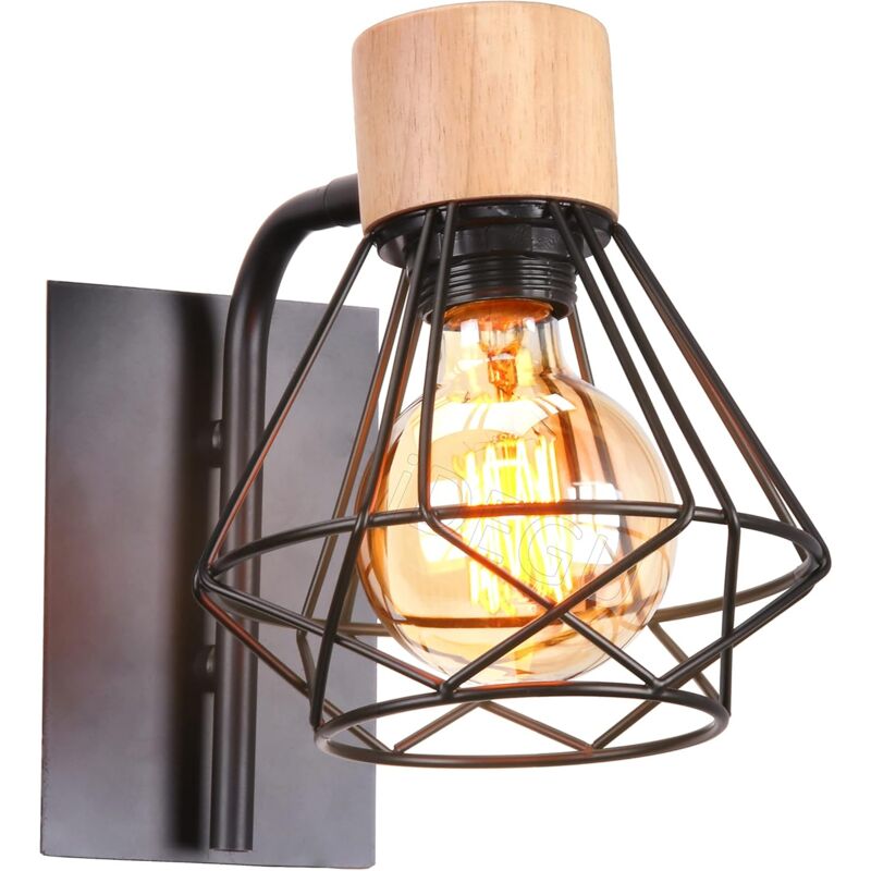 Wandleuchte im Vintage-Industriestil für den Innenbereich mit E27-Metallschirm und Holzhalterung für Wohnzimmer, Flur, Bar, Messingfassung