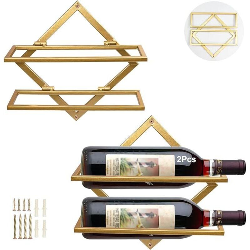 Wandmontiertes Weinregal aus Metall, faltbarer Hänge-Weinregal-Organizer für 2 Flaschen Alkohol, Wandmontiertes Weinregal für Küche, Bar oder