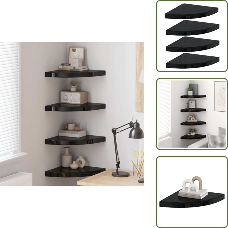 Eck-Schweberegale 4 Stk. Hochglanz-Schwarz 35x35x3,8 cm MDF - Eckregal - Wandregal - Schwebender Wandregal - Schwarz - Holzoptik