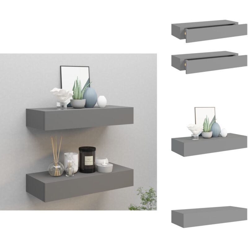 Wandregale mit Schubladen 2 Stk. Grau 60x23,5x10 cm mdf - Wandregal - Regal Mit Schublade - Grau - Modernes Möbelstück - Dekorationsschrank
