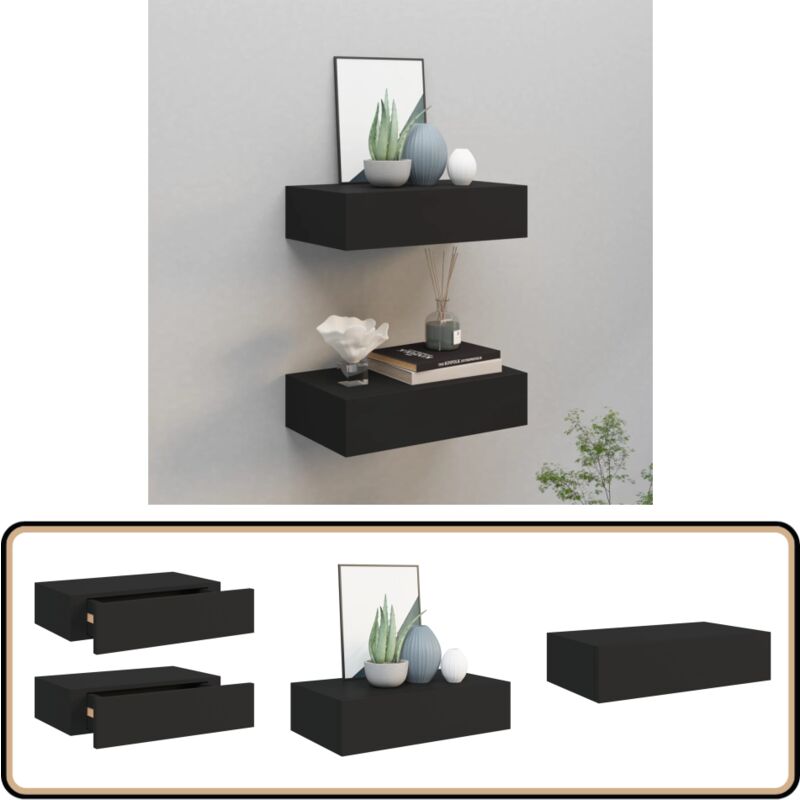 Wandregale mit Schubladen 2 Stk. Schwarz 40x23,5x10 cm mdf - Wandregal - Regal Mit Schublade - Schwarzes Regal - Regal Für Wohnzimmer - Nachttisch