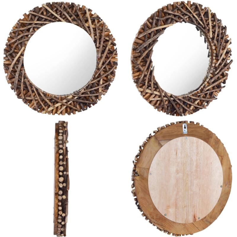 Wandspiegel 60 cm Teak Rund - Teak Holz Spiegel - Runder Spiegel - Vintage Spiegel - Retro Spiegel - Wohnzimmer Dekoration - Home & Living