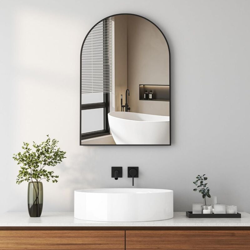Boromal - Wandspiegel Schwarz Bogen Spiegel, 50x70cm Spiegel, rechteckiger Spiegel mit Schwarz Metallrahmen Badspiegel für Badezimmer, Waschtisch,