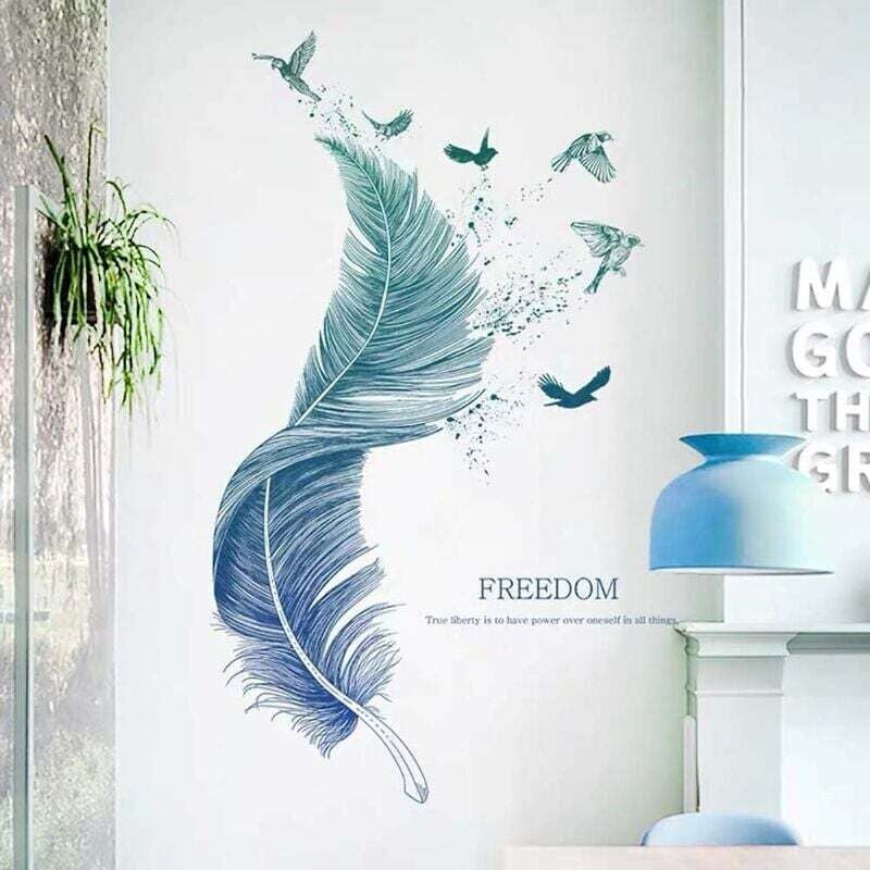 Wandtattoo Federn in Blau (124×72 cm) i Dekorative Wandsticker Vögel Modernes Poster i Deko für Wohnzimmer Schlafzimmer Küche Flur Möbel Bad Fliesen