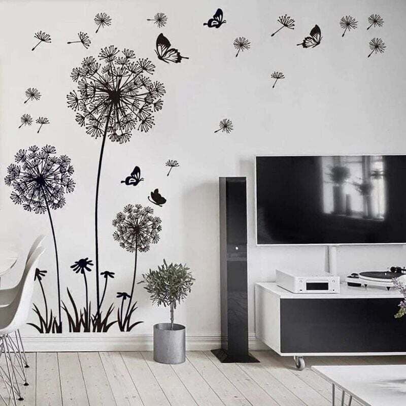 Wandtattoo mit schwarzer Löwenzahnblüte (150 x 114 cm) Schmetterling, Pflanzen, Zweig, Baum Wandtattoo für Wohnzimmer, Schlafzimmer, Küche, Büro