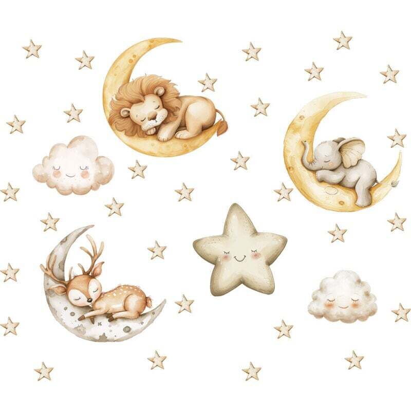 Wandtattoos für Kinderzimmer: Schlafende Tiere, Reh, Mond und Wolke – ideal für Mädchenzimmer und Babyzimmer.