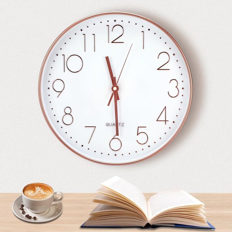 Wanduhr, 30 cm (12 Zoll), moderne, geräuschlose Wanduhr, Uhrwerk, 3D-Zahlen, Roségold, klassische Wanduhr für Wohnzimmer, Schlafzimmer, Büro