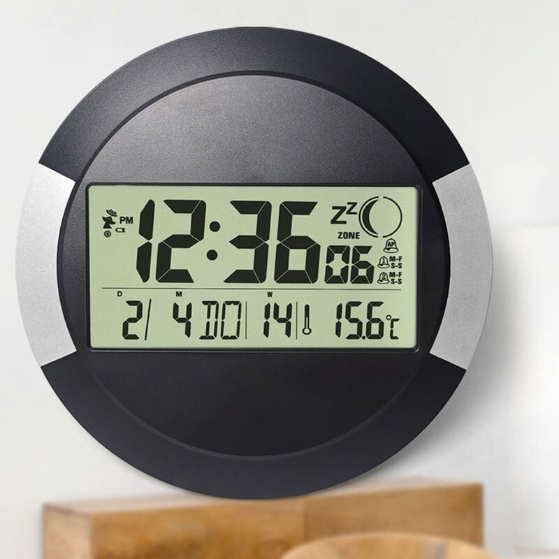 Linghhang - Wanduhr (Pendel ohne Ticken, kabellos, batteriebetrieben, 24-Stunden-Format, Kalender, Tag, Thermometer, Wand- oder Tischmontage)