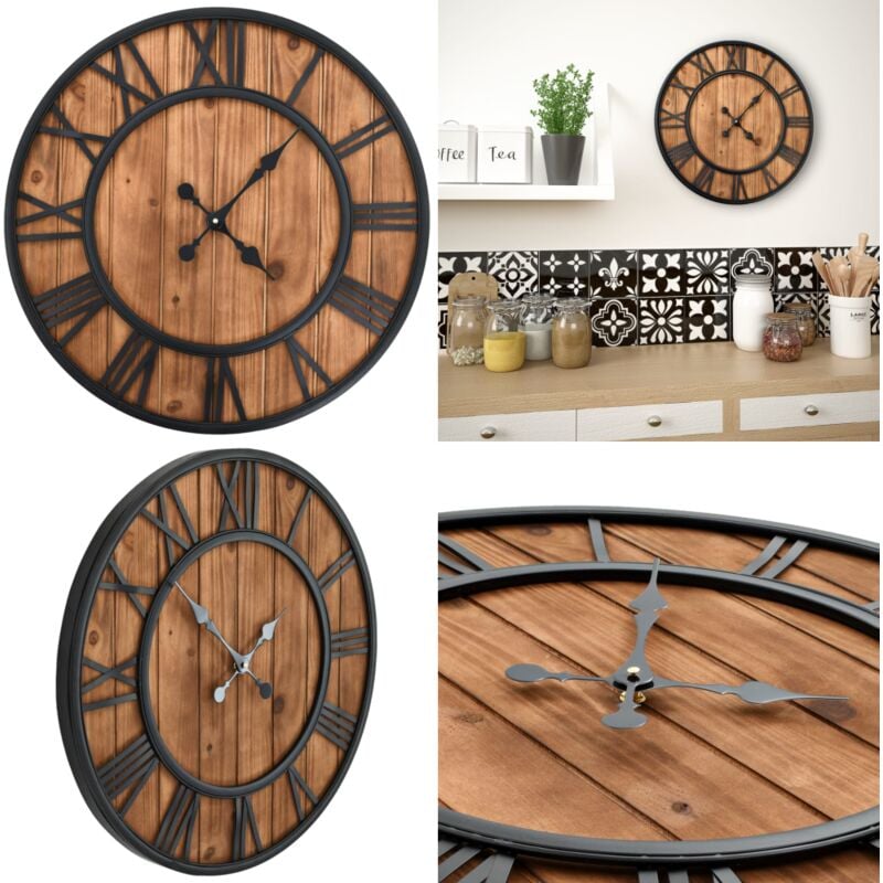Wanduhr Vintage mit Quarzwerk Holz und Metall 60 cm xxl - Wanduhr - Wanduhren - Home & Living - Braun