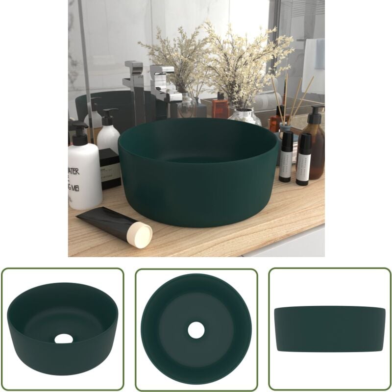Jinlefu - The Living Store Luxuriöses Waschbecken Rund Matt Dunkelgrün 40x15 cm Keramik - Runde Waschen - Dusche Waschbecken - Keramik Waschbecken