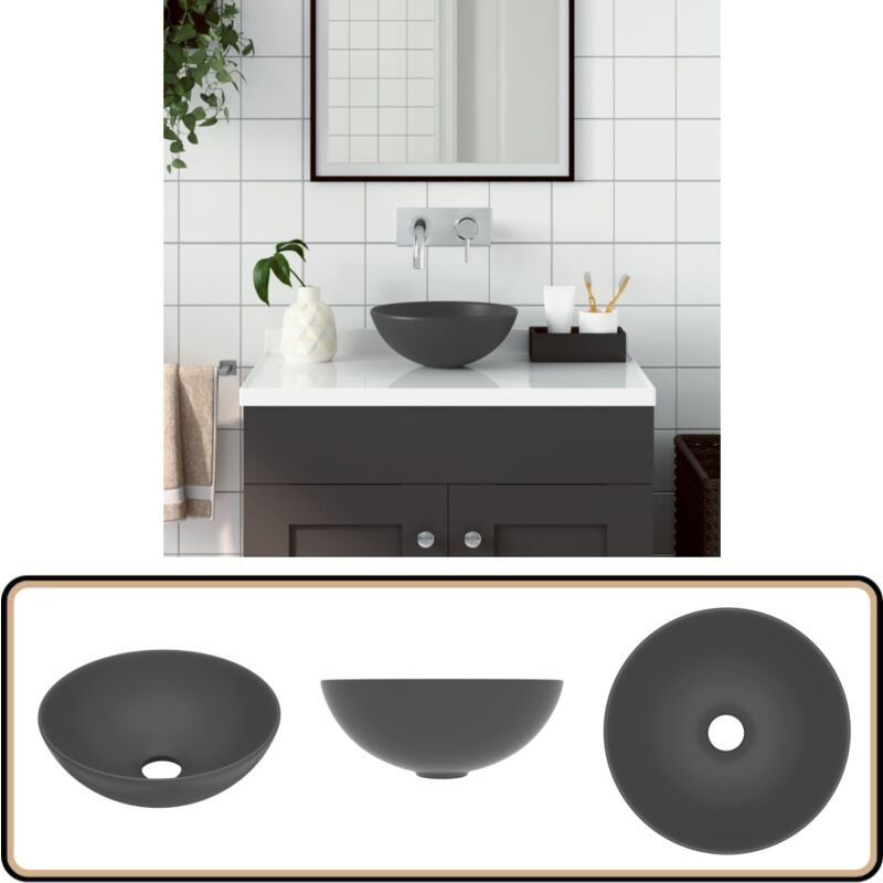 Vidaxl - Waschbecken Keramik Dunkelgrau Rund - Duscheinstieg - Badezimmersanierung - Waschbecken Aus Keramik - Rundes Waschbecken - Aufsetzbecken