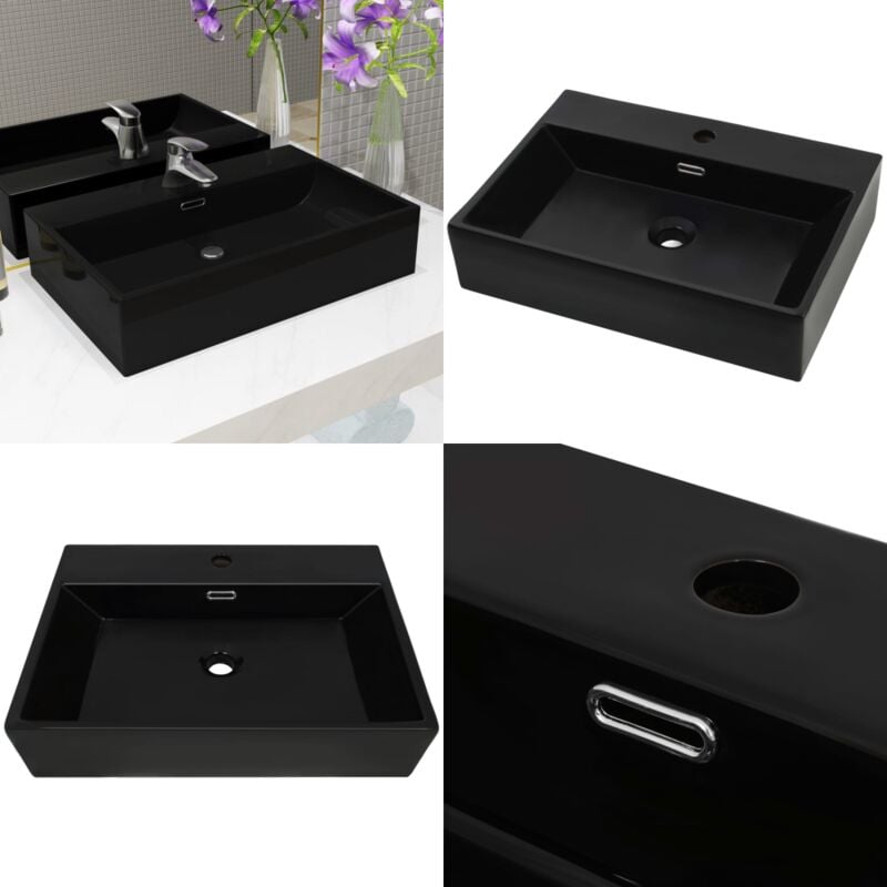 Waschbecken mit Hahnloch Keramik Schwarz 60,5 x 42,5 x 14,5 cm - Waschbecken - Keramikwaschbecken - Schwarzes Waschbecken - Aufsetzwaschbecken