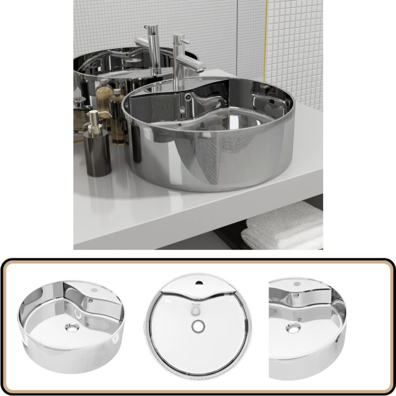 Waschbecken mit Überlauf 46,5 x 15,5 cm Keramik Silbern - Rundes Waschbecken - Keramik Waschbecken - Silbernes Waschbecken - Badezimmer Waschbecken