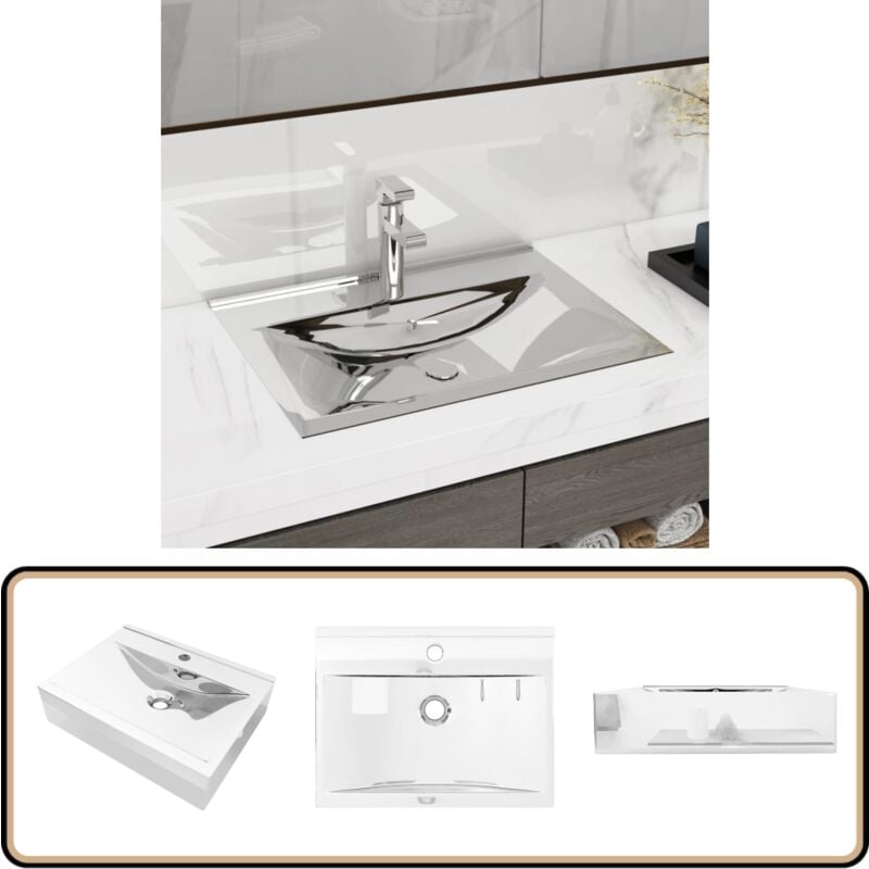Waschbecken mit Überlauf 60x46x16 cm Keramik Silbern - Waschbecken - Keramik Waschbecken - Spülbecken - Badezimmer Waschbecken - Edelstahl Waschbecken
