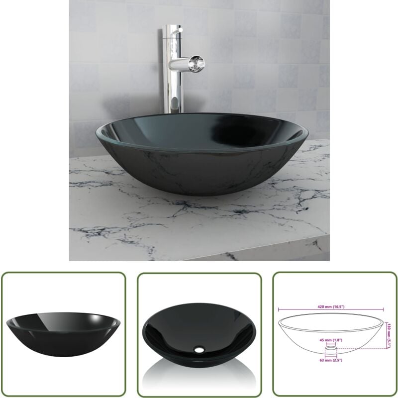 Doc&et² - The Living Store Waschbecken Hartglas 42 cm schwarz - Schwarzes Waschbecken - Hartglas Waschbecken - Aufsatzwaschbecken - Einbauwaschbecken