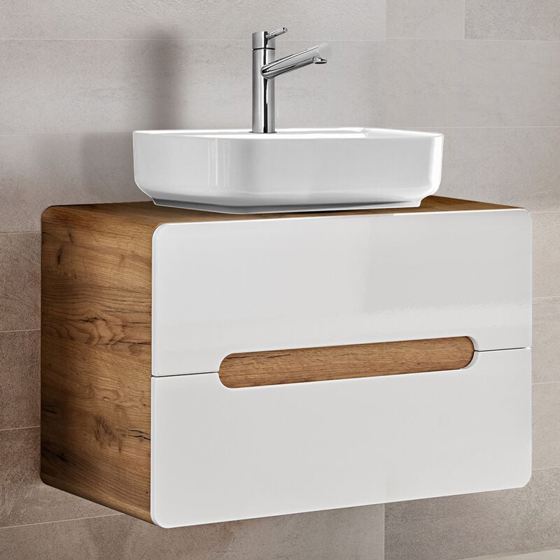 Lomadox - Waschtisch Set mit Keramik-Waschtisch LUTON-56 Hochglanz weiß mit Wotan Eiche Nb. b/h/t ca. 80/67/46 cm