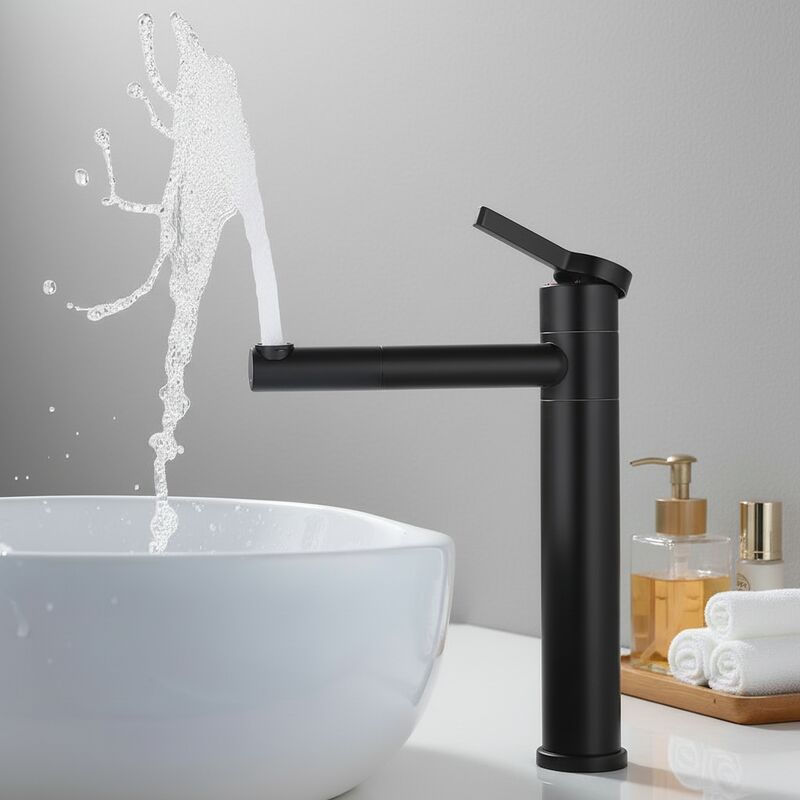 Waschtischarmatur Bad Schwarz Mischbatterie Bad Hoch 360° Drehbar Mischbatterie mit 50 Kalt/Warmwasser Anschluss, Wasserhahn bad hoch für Waschbecke