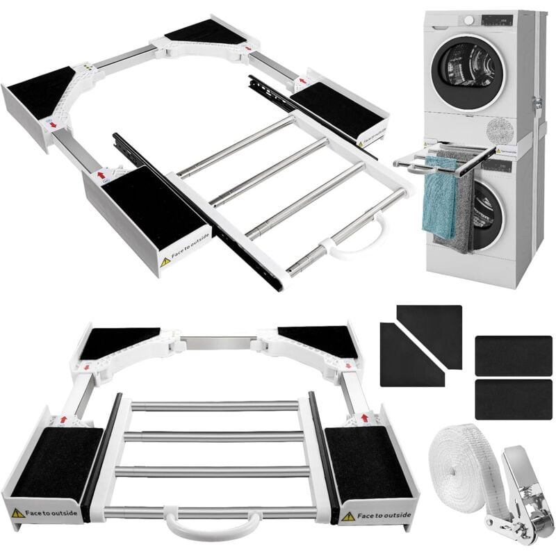 Waschtrockner-Stapelbausatz – Universal-Zwischenrahmen mit Schieberegal und Ratschenseil – Waschmaschinen-/Trockner-Zubehör – Verstellbar 46–72 cm