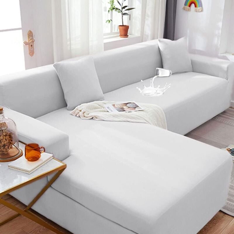Wasserdichter, elastischer Sofabezug für L-förmiges Sofagarnitur, weicher, milchiger Seiden-Stretch-Polyesterstoff mit Kissenbezügen, weiß, für