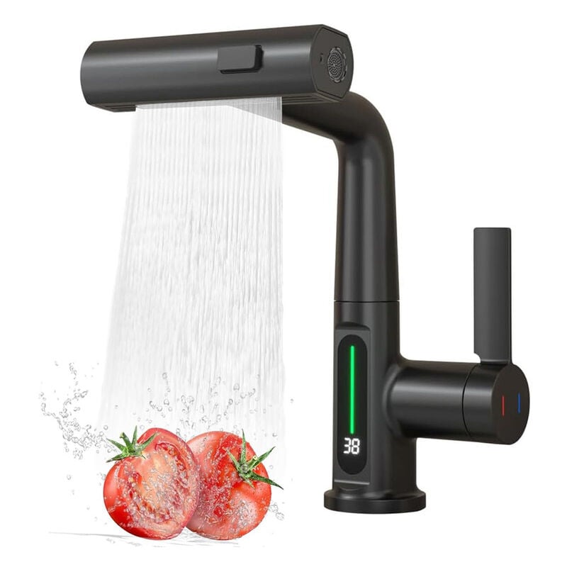 Wasserhahn Küche mit Brause Ausziehbar, 3 Modus Küchenarmatur mit led Temperaturanzeige, Einhebel Mischbatterie 360° Drehbar Spültischarmatur Küche