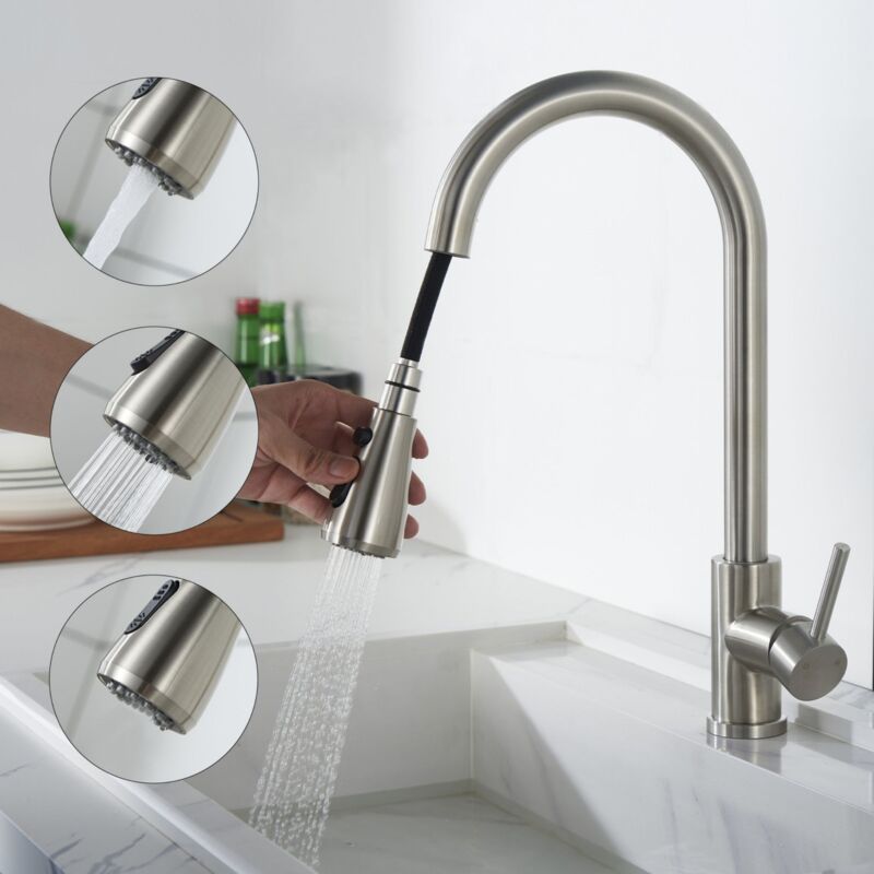 Wasserhahn Küche Edelstahl,Küchenarmatur 360°Schwenkbar,Armatur Küche 3 Strahlarten Geschirrbrause,Hochdruck Mischbatterie Küche mit Brause