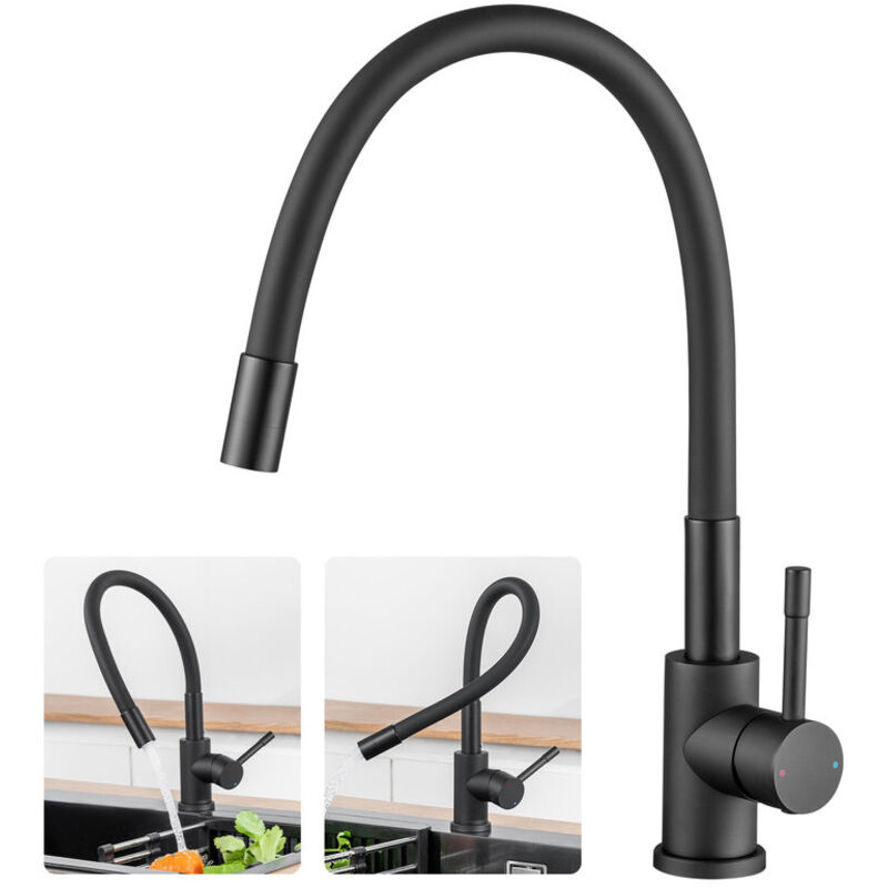 Wasserhahn Küche Flexibler, Schwarz Küchenarmatur mit Flexibler Auslauf, Hochdruck Mischbatterie Küche 360° Drehbar, Einhebel Edelstahl