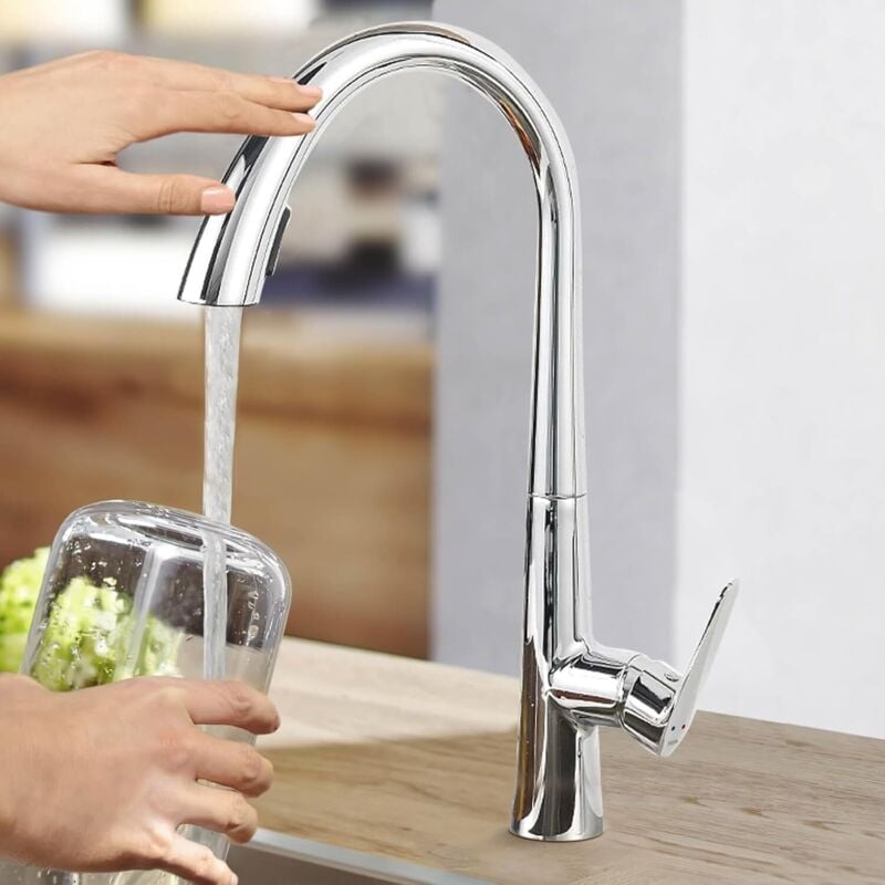 Wasserhahn Küche, Hochdruck Küchenarmatur mit Brause Ausziehbar, 360° Schwenkbar Spültischarmatur Küche - Chrom