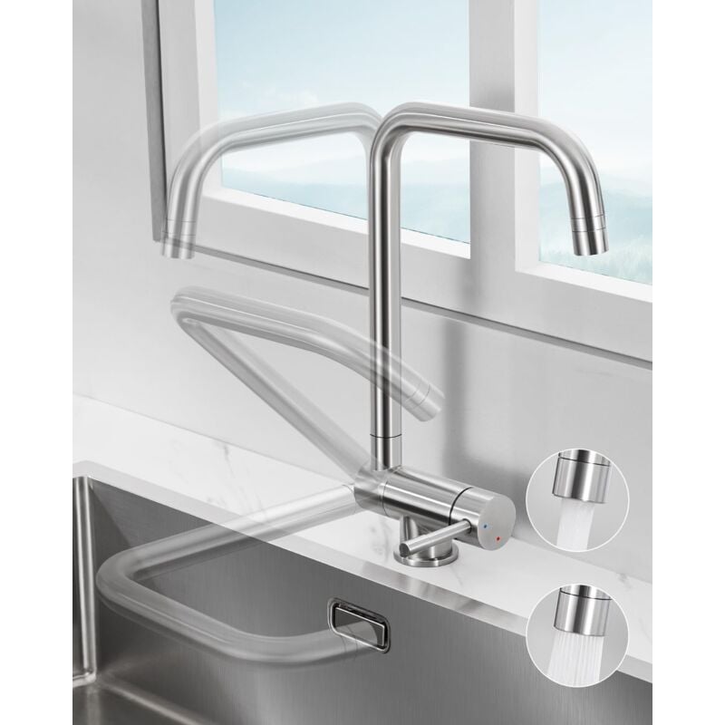 Wasserhahn Küche Klappbar, Vorfenster Küchenarmatur mit 2 Strahlarten, Mischbatterie Küche Edelstahl, Armatur Küche Unterfenster, 360° Schwenkbar