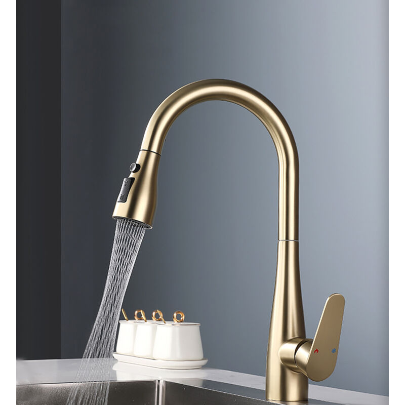 Wasserhahn Küche, Küchenarmatur mit Handbrause, Küche mit Brause 2 Wasserstrahlarten - Gold