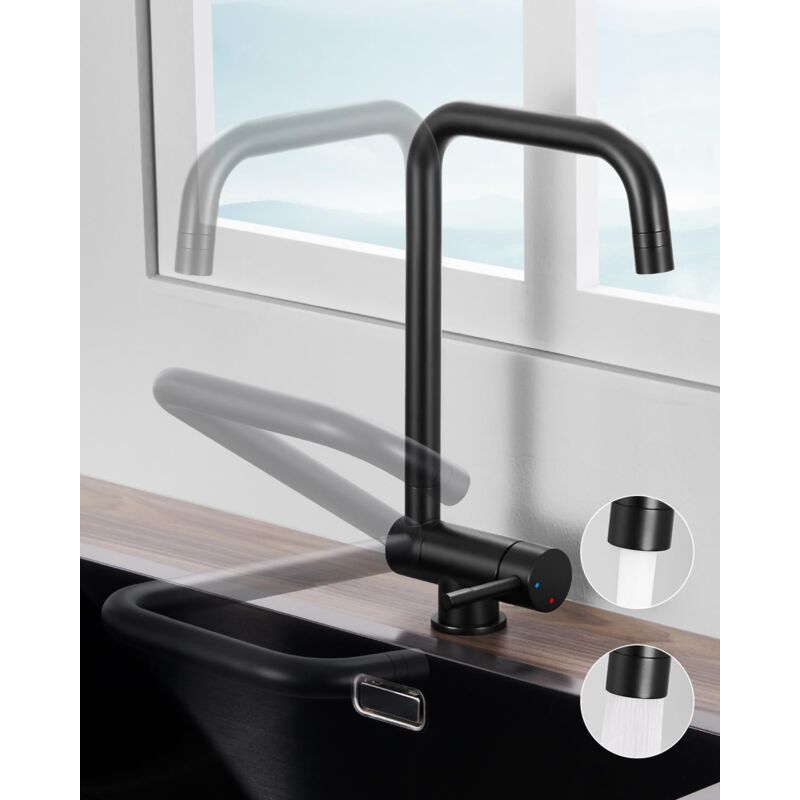 Wasserhahn Küche Schwarz, Vorfenster Küchenarmaturen Schwarz, 360°Armatur Küche Schwarz Matt, Mischbatterie Küche Klappbar, Spültischarmatur