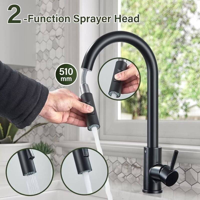 Onyzpily - Wasserhahn Küche Schwarz,Hochdruck Küchenarmatur Ausziehbar, Edelstahl Mischbatterie Küche mit Brause 2 Wasserstrahlarten, 360° Drehbare