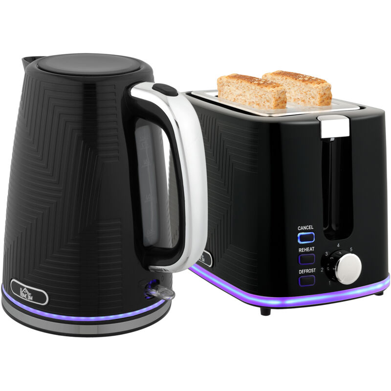 Wasserkocher- und Toaster-Set, 2200W, Otter-Thermostat, 2-Schlitz-Toaster, 7 Bräunungsstufen, Krümelfach, Schwarz