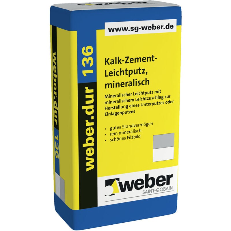 Weber Saint Gobain - weber.dur 136 Kalk-Zement Leichtputz 30kg mineralisch, 1mm, naturgrau