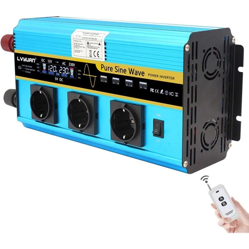 Wechselrichter 2500 W/5000 W reiner Sinuswellen-Spannungswandler 12 V 230 V Auto-Wechselrichter-Konverter mit LCD, Fernbedienung, 3 Steckdosen und 4