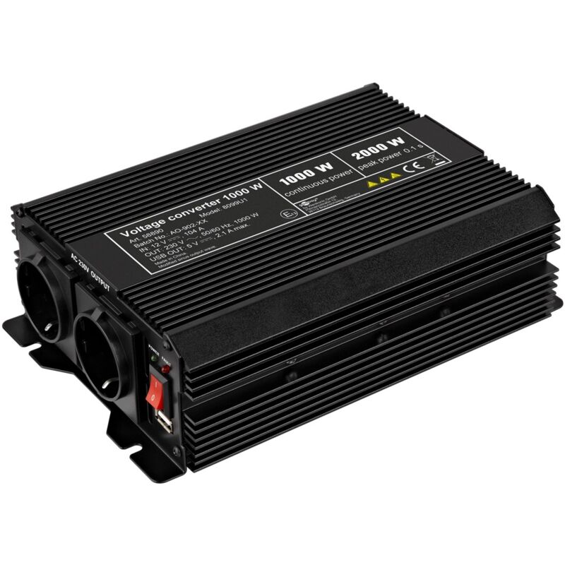 Kfz-Spannungswandler DC/AC (12 V - 230 V/1000 W), wandelt 12 V DC in 230 V AC um.