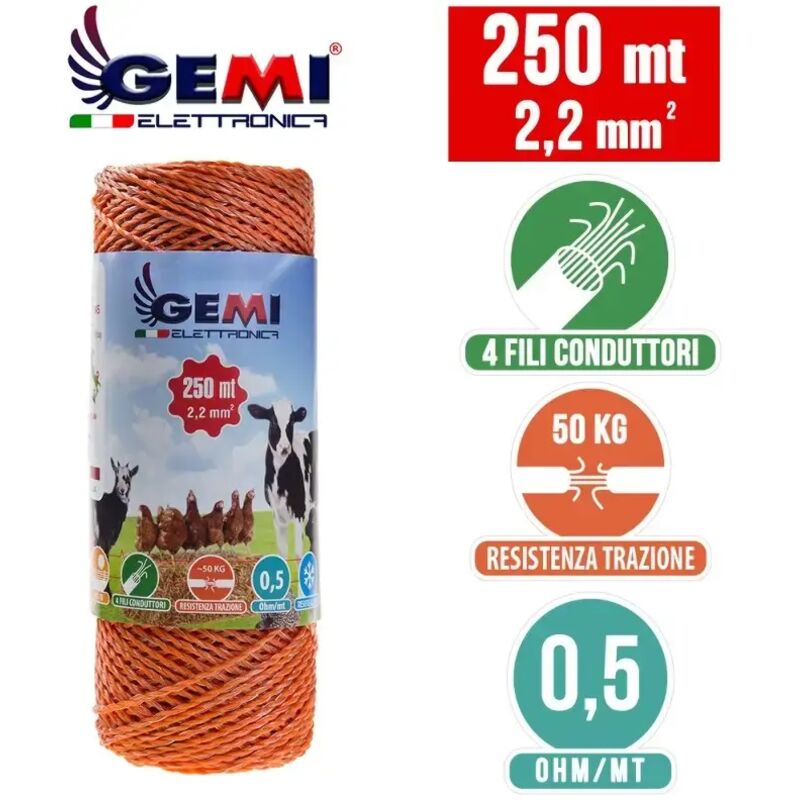 Gemi Elettronica - Weidezaunlitze Für Den Weidezaun 250 Mt 2,2 Mm² Litze Weidezaunseil Elektrozaun Für Pferde, Ponys, Rinder, Ziegen